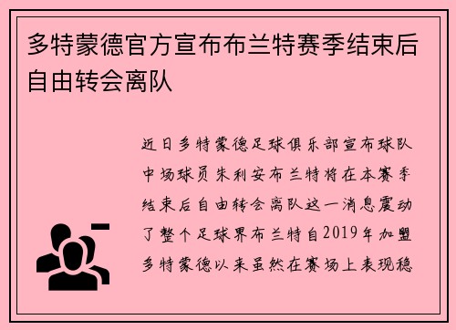多特蒙德官方宣布布兰特赛季结束后自由转会离队